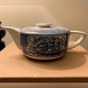 Vintage Royal China Blue Currier and Ives Teapot Sailing Ship Lighthouse Scroll
